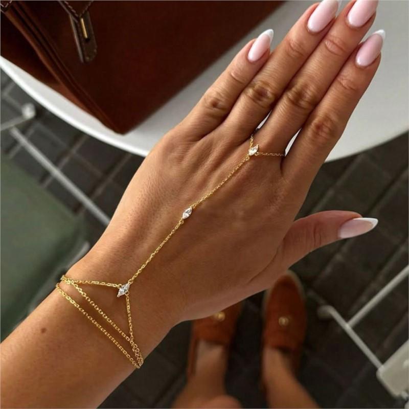 2pcs Elegant Sparkling Cubic Zirconia Multi-Layer Stacked Finger Ring Bracelet Set for Women Niche Trendy Bracelet Jewelry Gifts