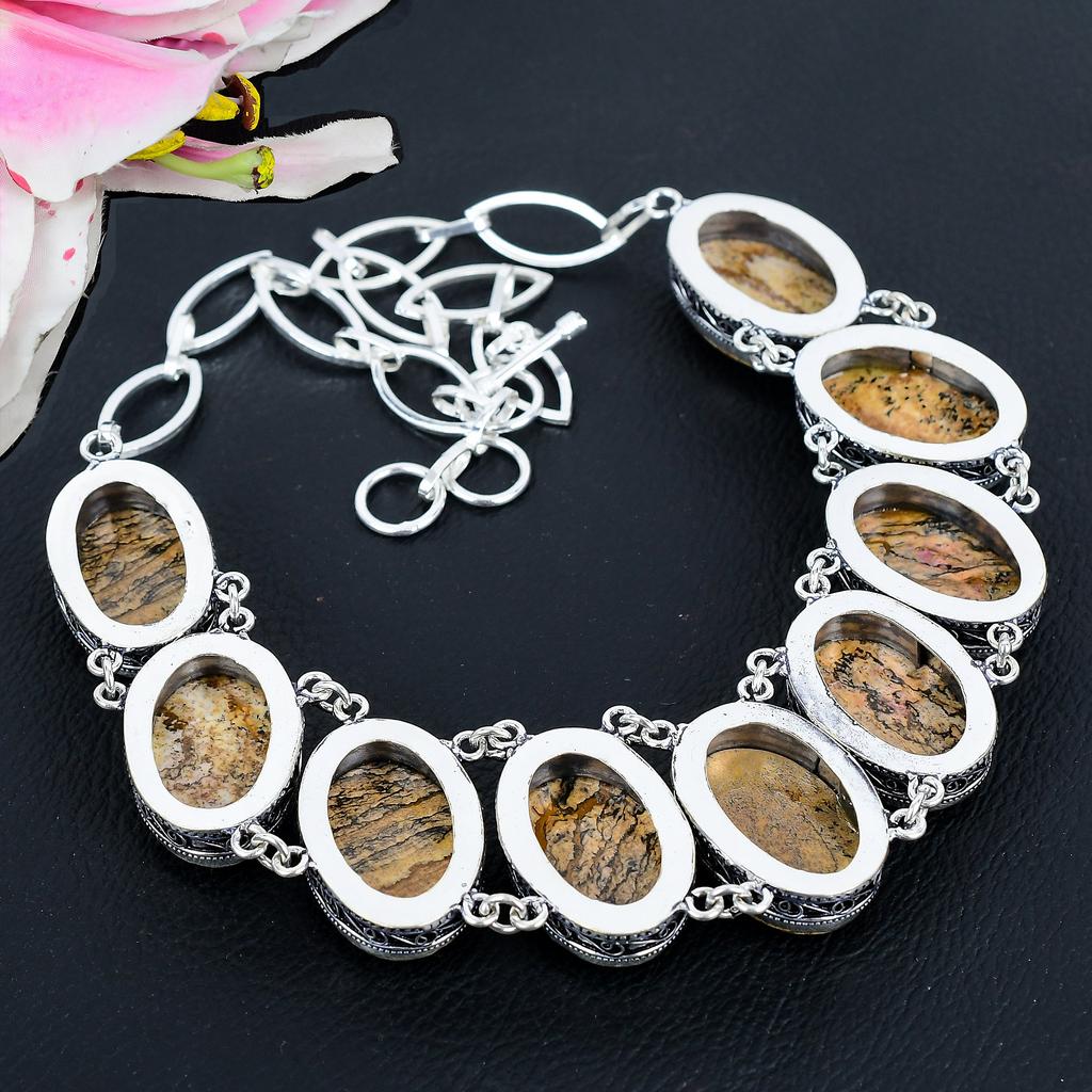 Picture Jasper Gemstone Handmade 925 Sterling Silver Jewelry Necklace 18" KG-1633