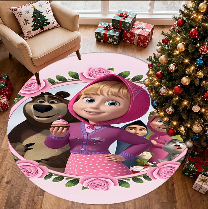 Masha and The Bear Pattern Round Rug, Indoor/Outdoor Mat, for Picnic, Gameroom, Bedroom, Office, Living Room, Home Decor Carpet, Birthday Gift
