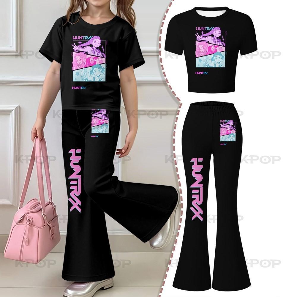 2026 Children's Kpop Hunter Short Sleeve Set Girls' New Style, Regular Short Sleeve Top and Bell Bottom Pants Two Piece Set