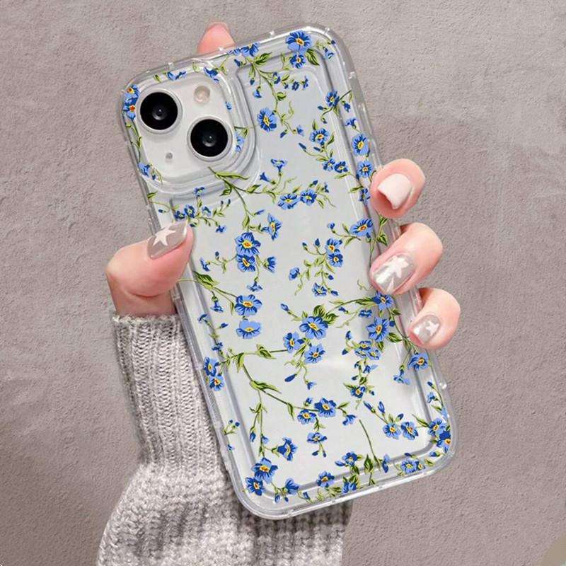 Blue Floral Patterned TPU Phone Case For iPhone 16 16e 14 13 15 Pro Max 11 12 Pro Mini 7 8 Plus XR Shockproof Soft Clear Cover