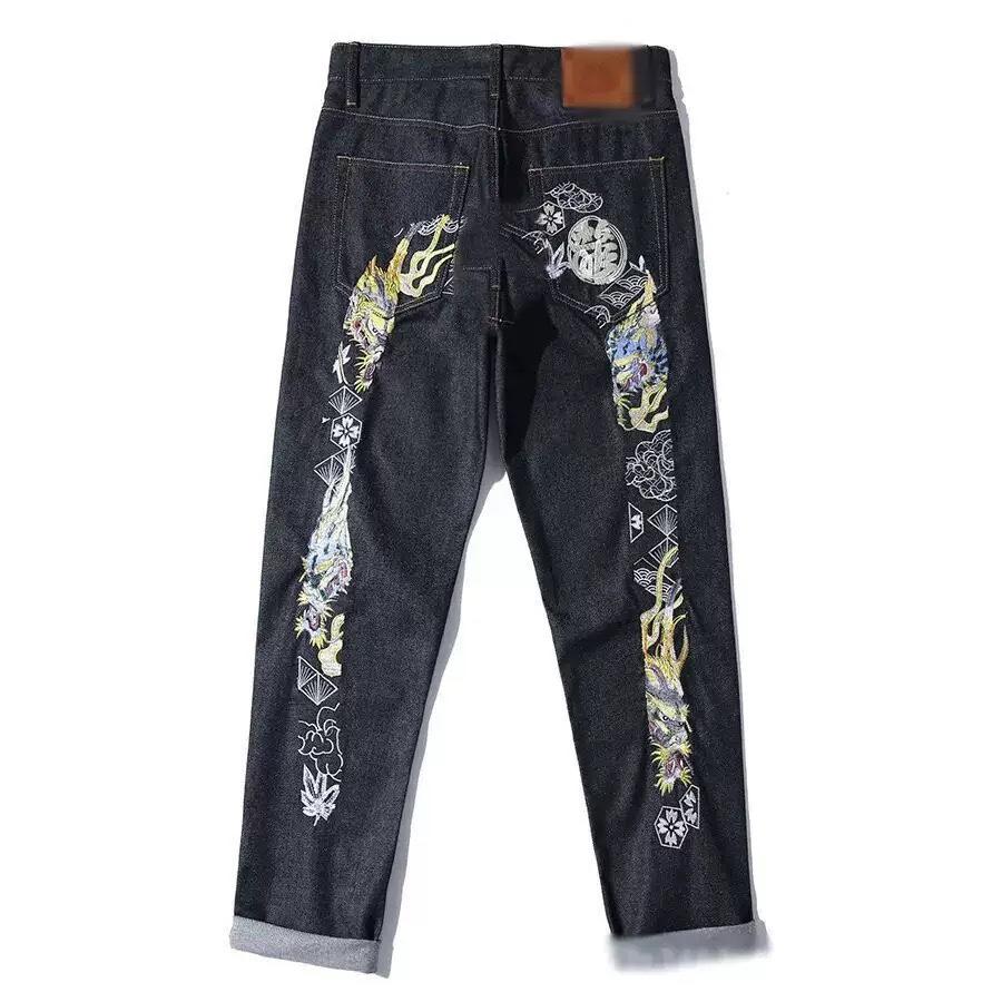 New Japanese Hipster Retro Hip-hop Fashion Print Jeans High Street Leisure Slim Straight Embroidery Y2k Print Stitching Trousers