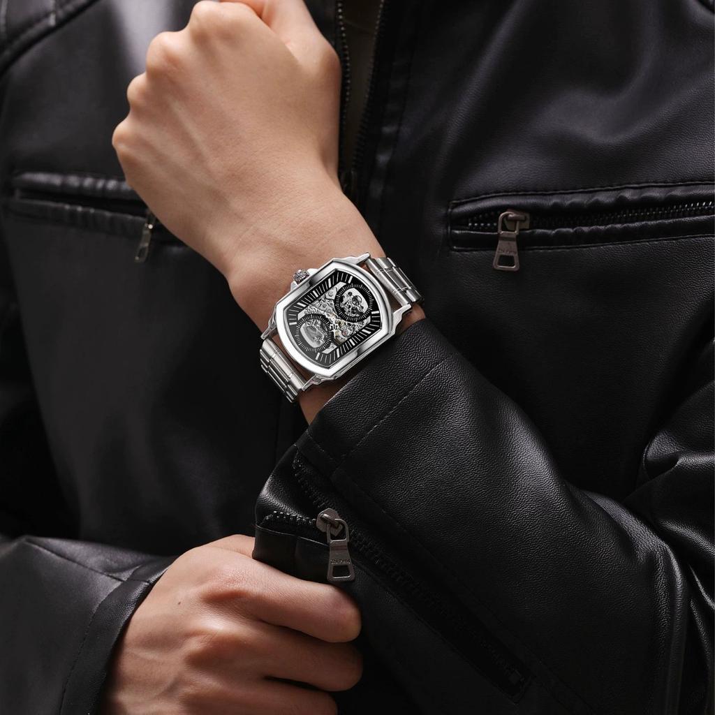 New Luxury Design Transparent Case Silver Stainless Steel Mens Watches Top Brand Luxury Automatic Self-Wind Skeleton Wristwatch