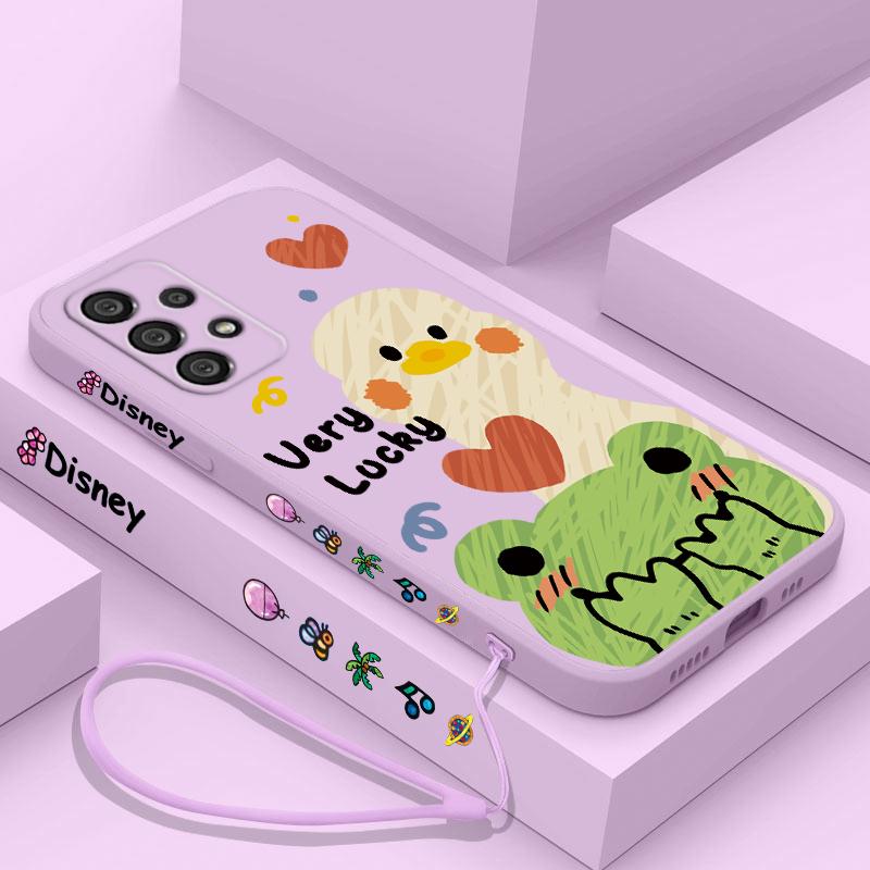 Duck With Sunglasses Cute Cartoon Phone Case For Samsung A73 A53 A33 A52 A32 A71 A51 A21S A50 A30 5G Liquid Left Rope Soft Cover