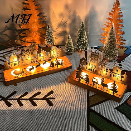 Farmhouse Candle Stand Christmas Town Silhouette Holder, Wooden Tea Light for Holiday Tabletop Decor Decoration, Metal Festive Fireplace and Home