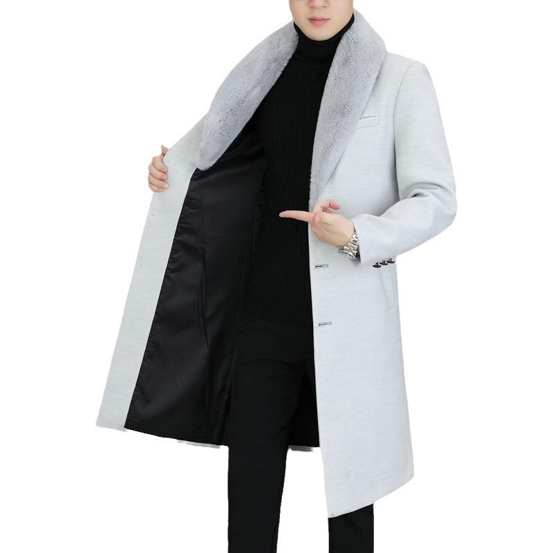 Autumn and Winter New Men's Coat Long Knee Single-breasted Suit Collar Fur Collar Thermal Coat Trench Coat Men's Coat