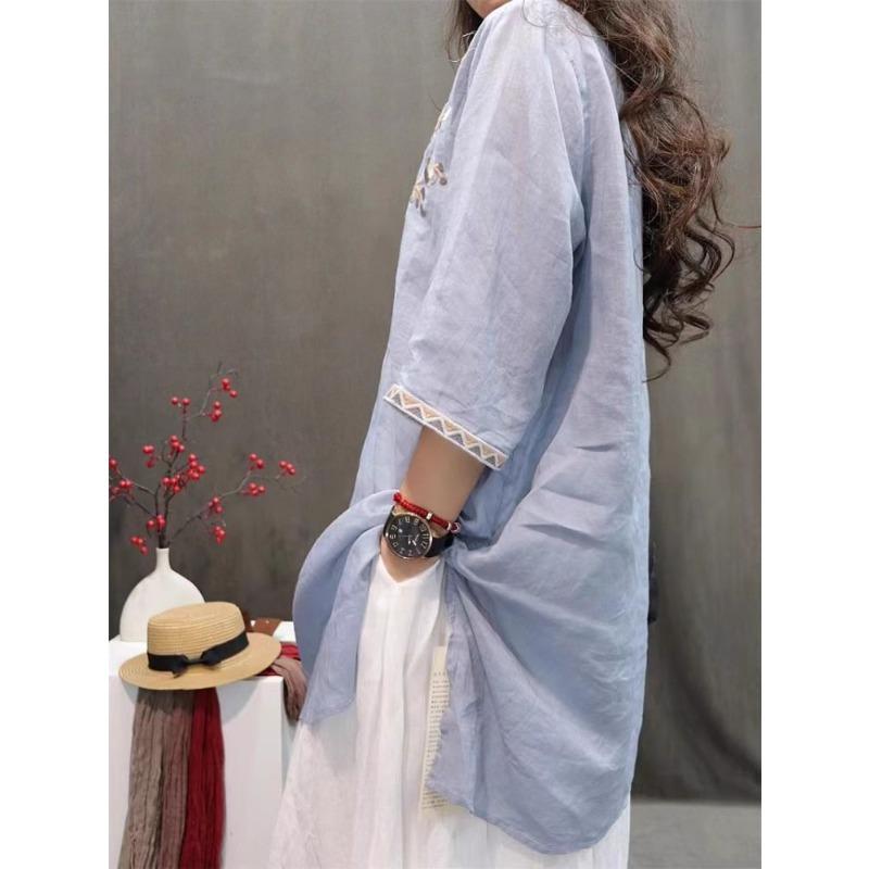 Summer Heavy Industry Women's Vintage Embroidered Medium-length Loose Cotton and Linen Stylish Casual Pullover Top