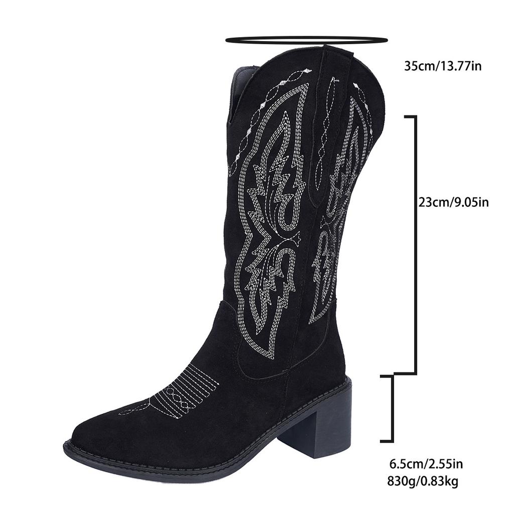 Fashion Women's large-sized embroidered western boots, pointed high-top mid-top knight boots