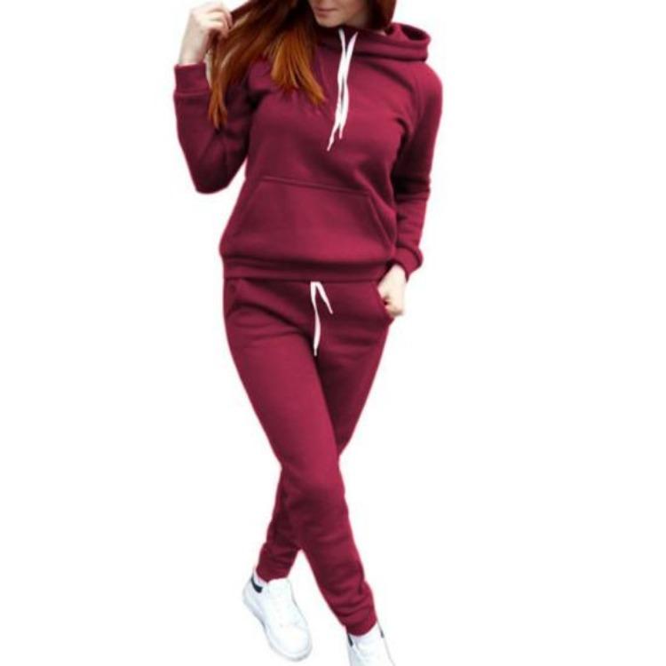 Women Plush Hoodie and Pants Set 2 Pcs Solid Color Long Sleeve Top Elastic Waist Ankle Banded Trousers Thick Sport Fitness Suit