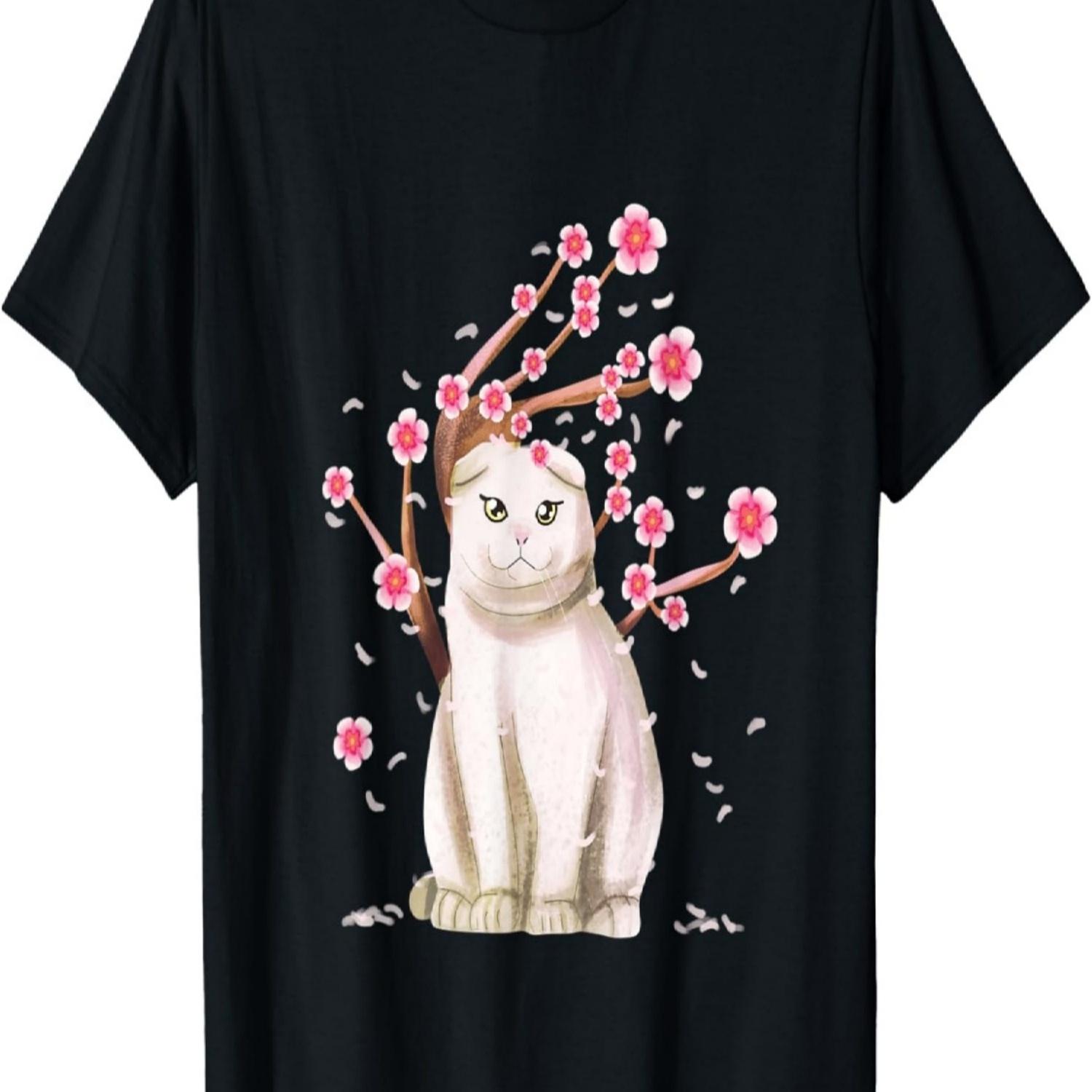 Scottish Fold Cat  Sakura Cherry Blossom Flower T-Shirt for Men Women Kids S