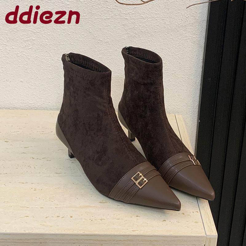 Fashion Fashion Thin Heels Ankle Modern Boots Shoes For Ladies Female Pointed Toe Footwear Flock Women Short Boots Zippers Shoes