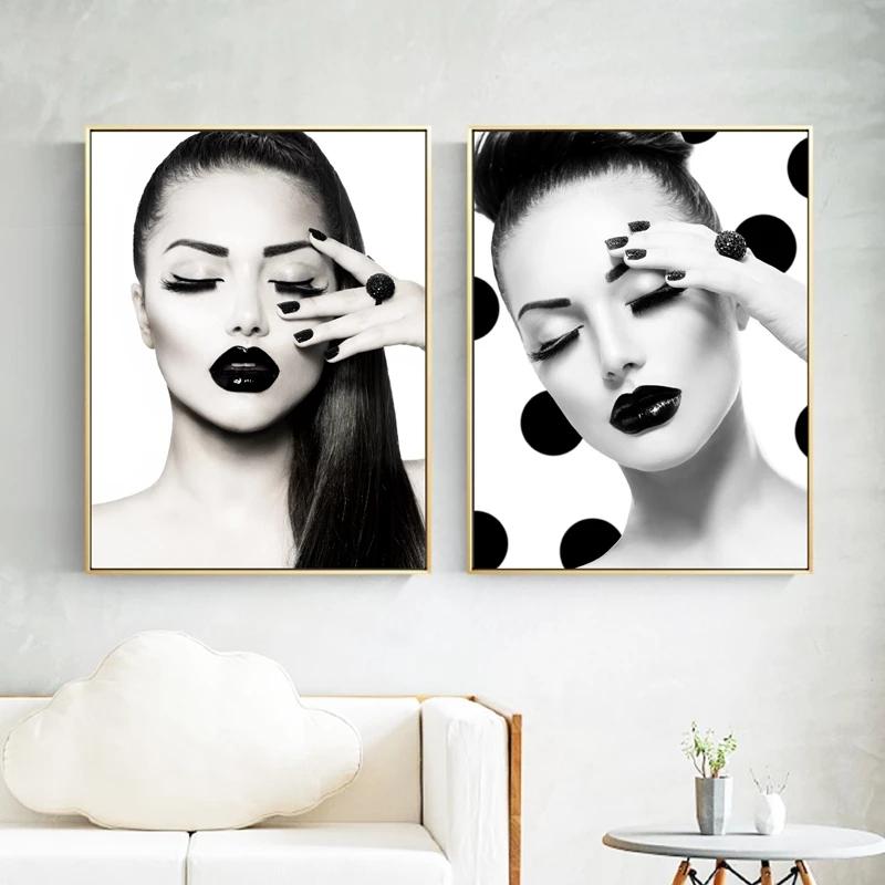 Modern Beauty Fashion Girl Makeup and Hair Posters and Prints Black White Picture Nail Salon Wall Art Canvas Painting Wall Decor