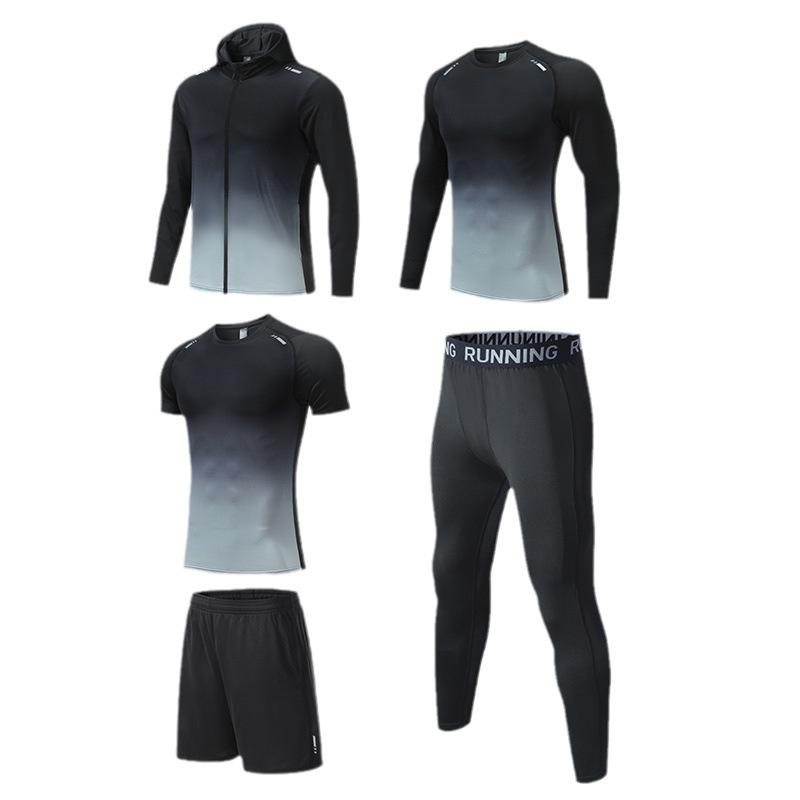 2024 Spring & Autumn Men's & Kids' 5-Piece Quick-Dry Fitness Set: Compression Shirt & Hooded Jacket for Running