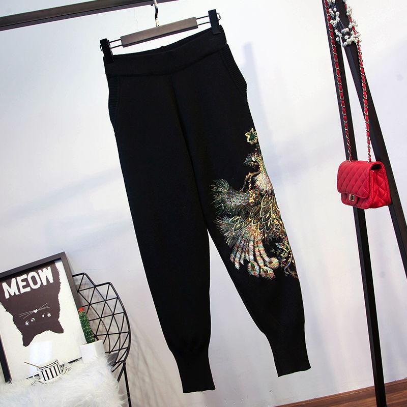 2pcs/set Women Phoenix Beaded  Tracksuit Casual Sports Suit O-neck Sweatershirt Pants Two-piece Set