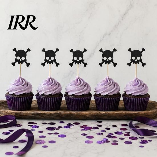 Glitter Black Cake Topper 8 Pcs Halloween Cupcake Picks, Spooky Skull Party Accessory Toppers, Gothic Birthday Decoration for Supplies