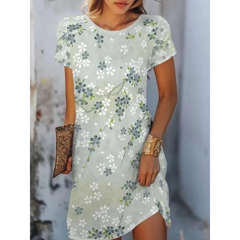 Fashion Women's Crew Neck Dress 3D Casual Color Printing Casual Dress Crew Neck Dress