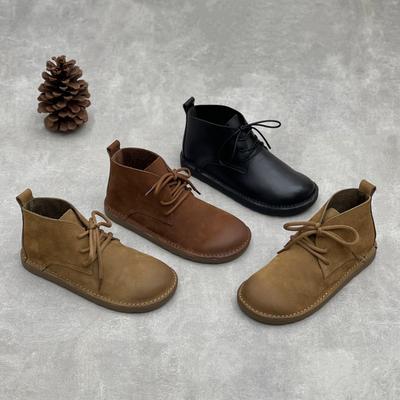 Echtleder Damen Schuhe Weiches Rindsleder Runde Zehenpartie Retro Weiche Sohle Schnürschuhe Flache Kurze Stiefel
