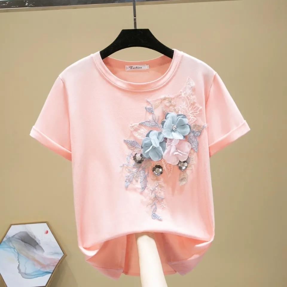 Streetwear Fivefive T Shirts Women Flowers Solid Appliques Beading Tops Female Summer Short Sleeve Plus Size Tees Cotton Clothes