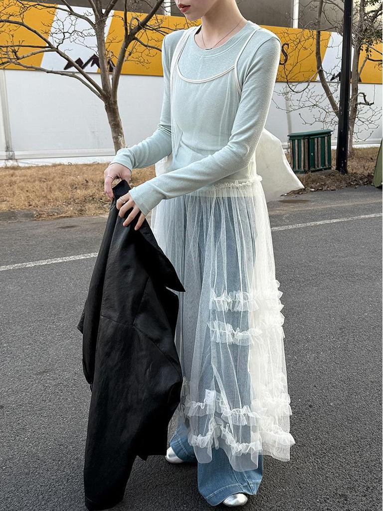 LUXI Korean Sweet Mesh See-Through Camisole Dress with Layered Blouse & Lace Long Skirt