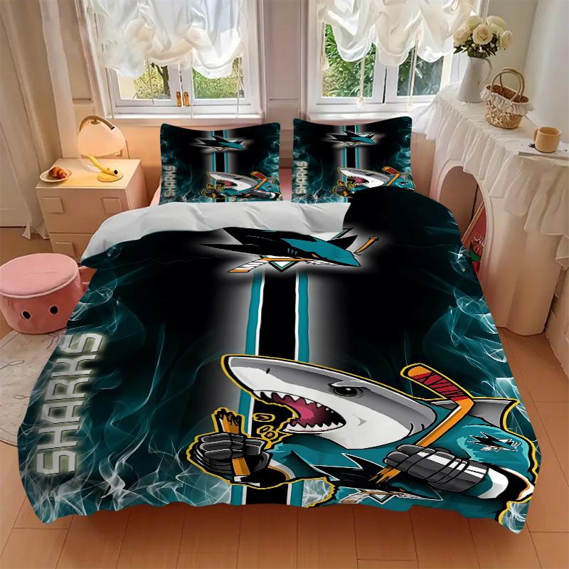 San Jose Sharks Ice Hockey Print 3Pcs Bedding Set,Duvet Cover with 2 Bedro,Pillowcase Home Birthday Gift