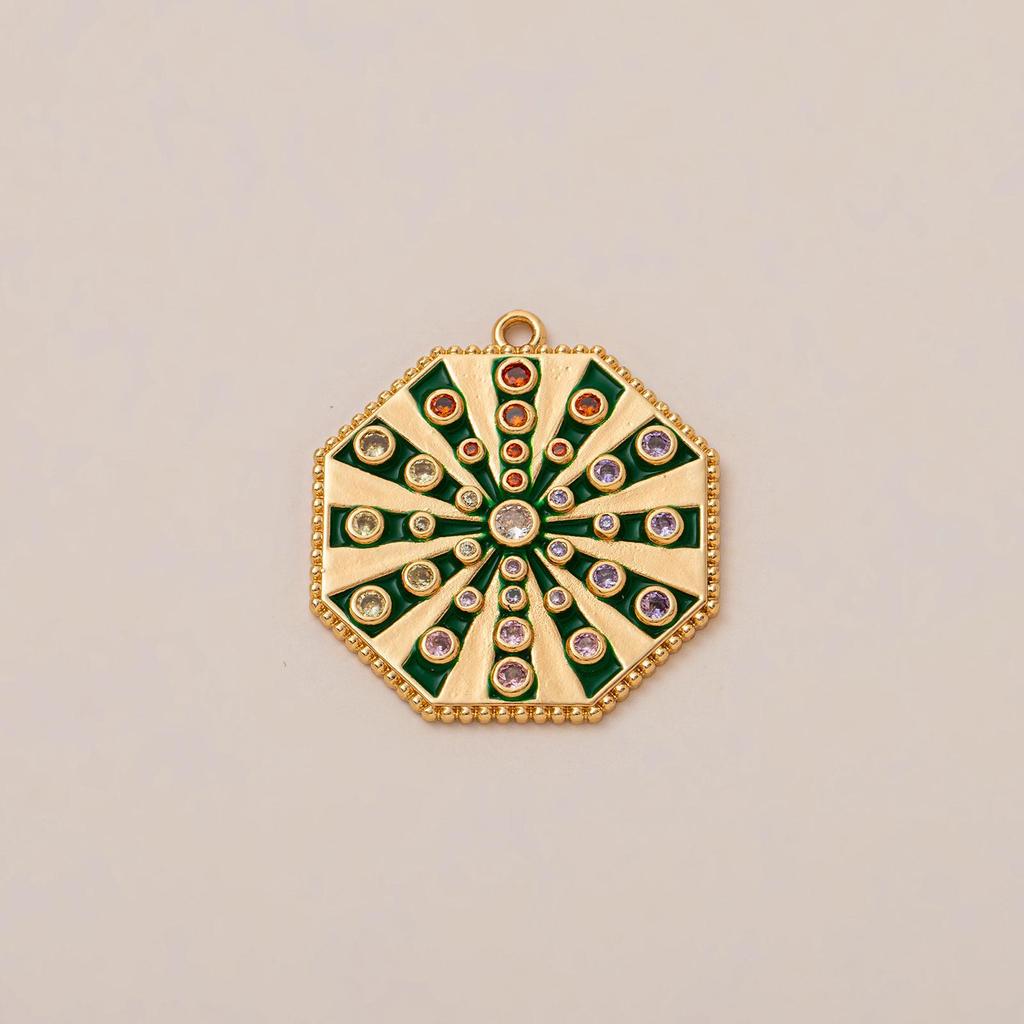 Simple Eight-Pointed Star Tarot Pendant with Moon, Sun, Star, Devil's Eye Design, Drip Oil, and Rhinestone Inlays In Copper.
