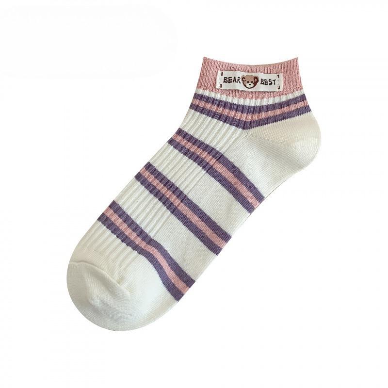 

Женские весенне-летние новые милые полосатые тканевые носки с логотипом медведя в студенческом стиле, дышащие, без косточек 1 pair розовый