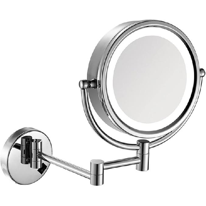 8.5 Inch Magnifying Makeup Mirror with LED Lights, Hard Wired Wall Mounted Adjustable Cosmetic Mirror, Brass Double Sided Vanity Mirror, Bathroom