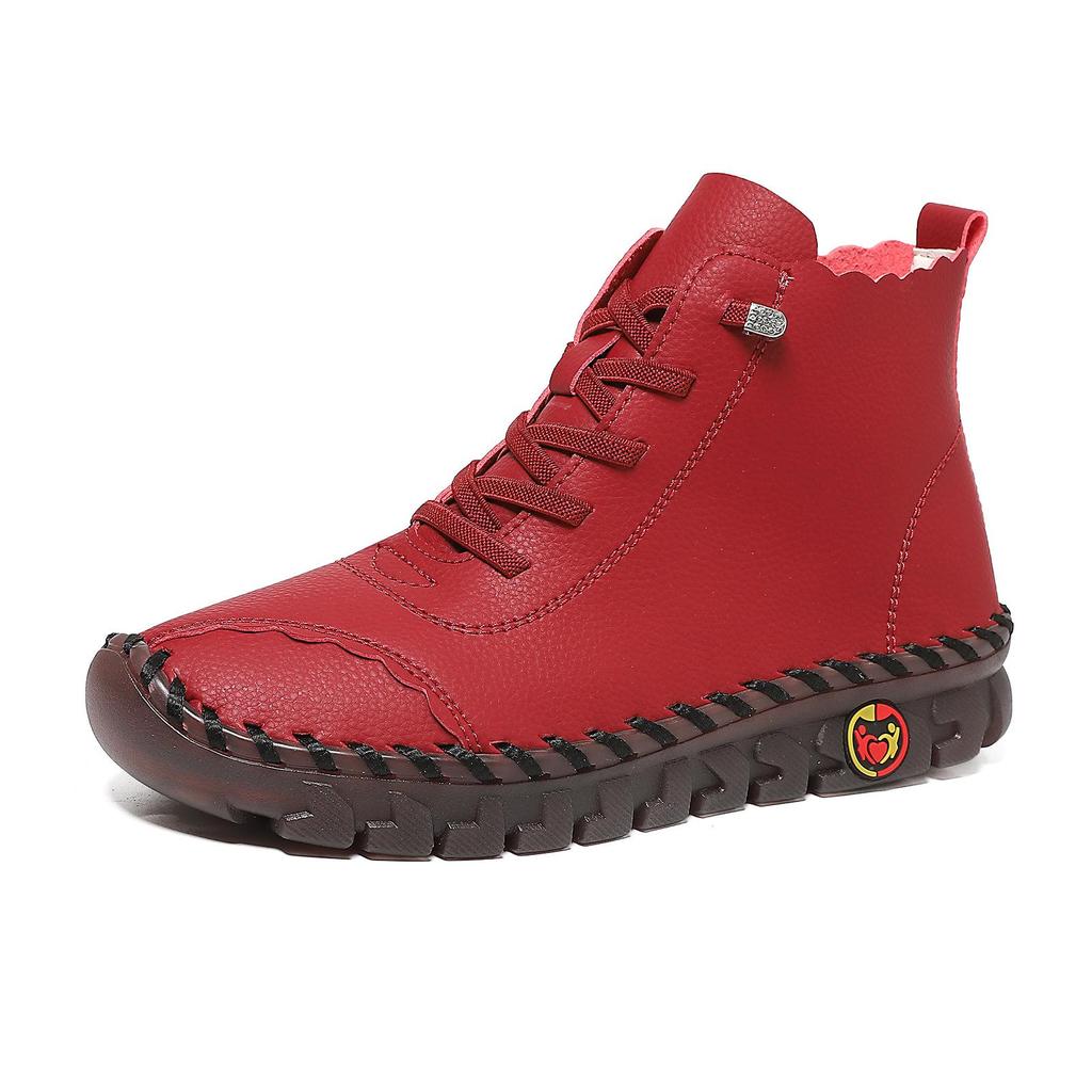 Women Shoes Autumn Red Leather Loafers for Women Lace Up Sneakers Casual Platform Women's Ankle Boots Winter High Top Sneakers