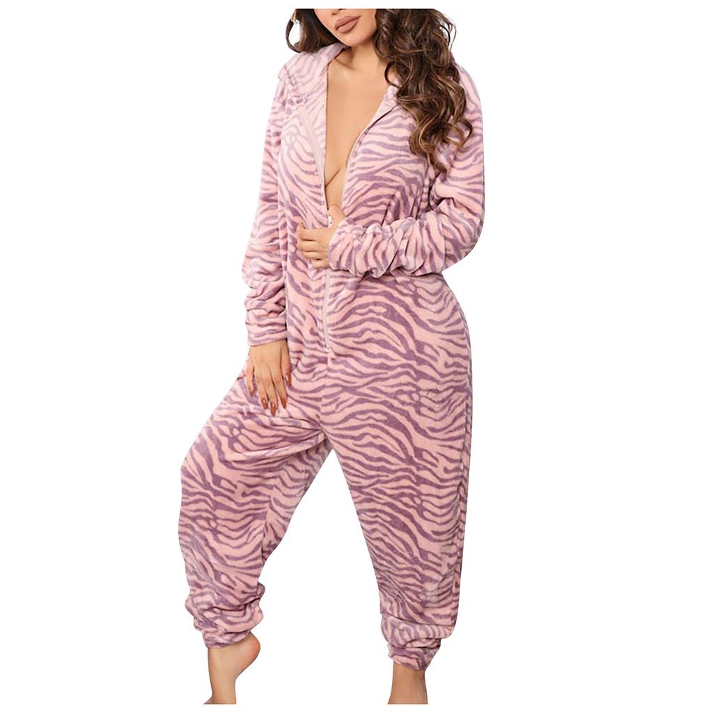 Women's Fashion Printed Plush Hooded Long Sleeve Warm Home Jumpsuit With Ears