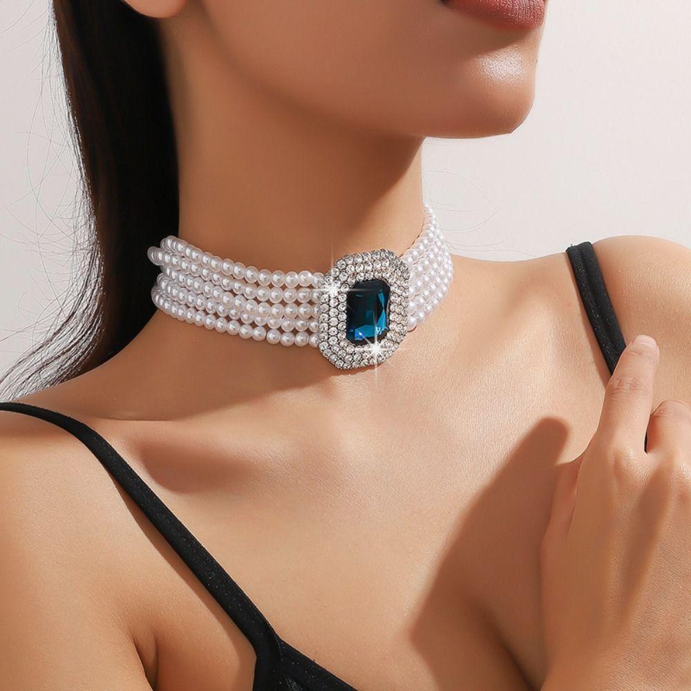 Five Layer Pearl Multilayer Necklace Charm Women Choker Luxury Rhinestone Necklace  Girls