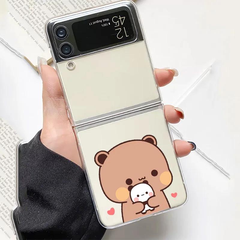 Cute Cartoon Bear Couple Paired Case for Samsung Galaxy Z Flip 6 ZFlip 5 Transaprent Clear Cover for Samsung ZFlip 4 3 7 Fundas