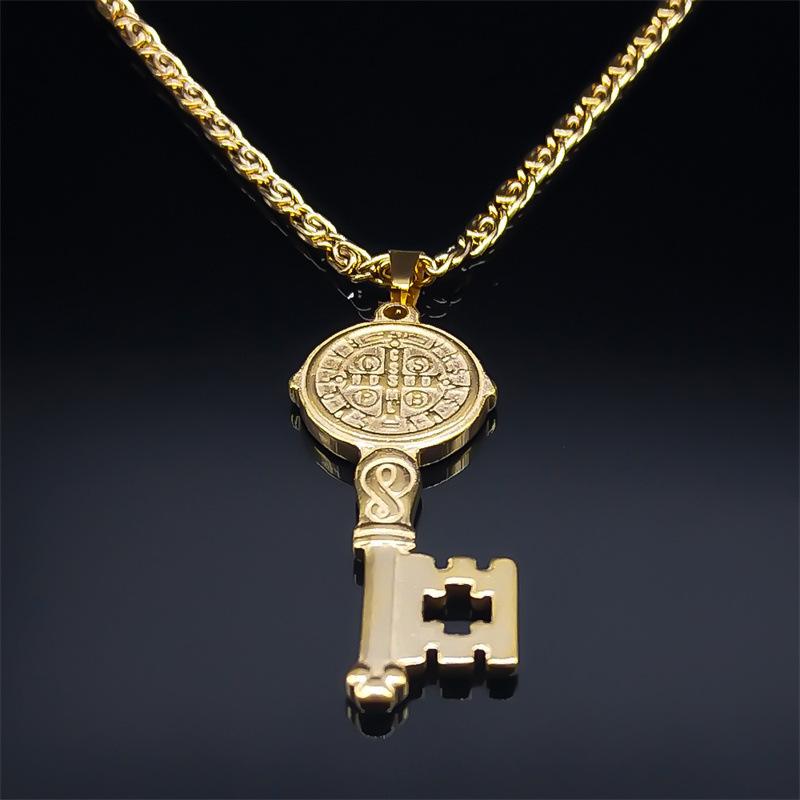 Collana con ciondolo chiave della vita di San Benedetto per donna e uomo Acciaio inossidabile Hip Hop Medaglia di San Benito Articolo