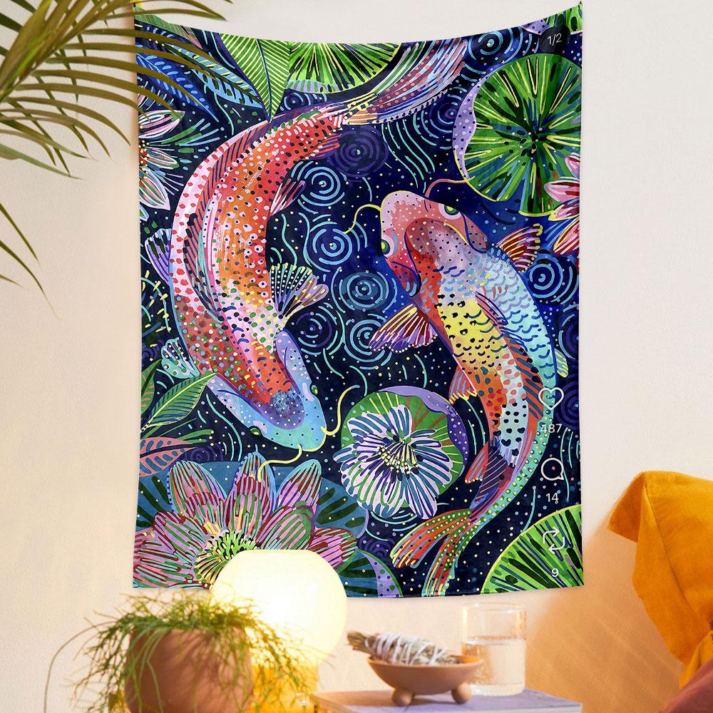 Colorful Koi Fish and Lotus Pond Design Patterned tapestry home decor, suitable for bedroom and living room, gift