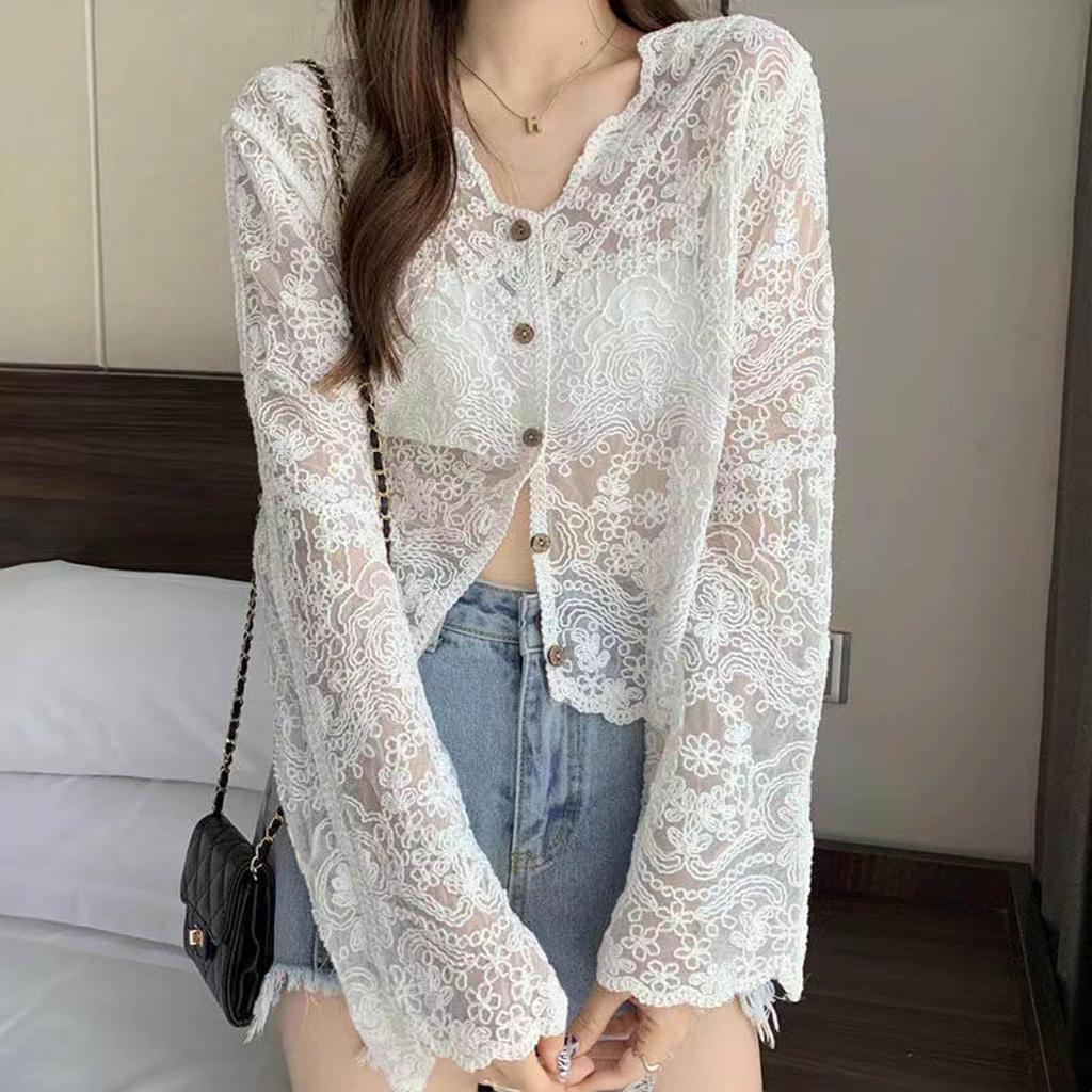 Lace Shirt UV Air Conditioning Sheer Floral Long Openwork Perfect for and Outings [fourfivesix Haru] Women's Blouse, Protection, Protection, Top,