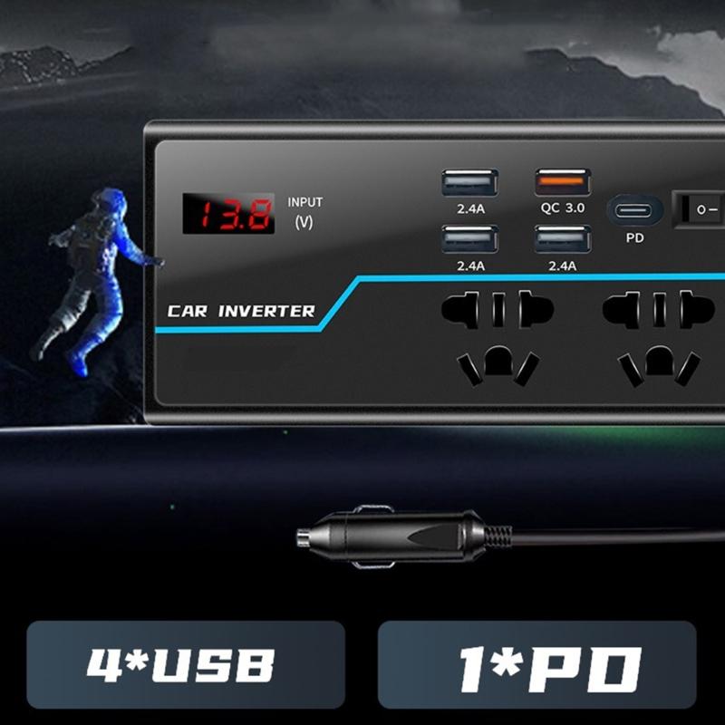 Portable Car Inverter Converts 12V/24V  to 110V/220V  with Voltages Display Compact Vehicle Inverter Simple Operate