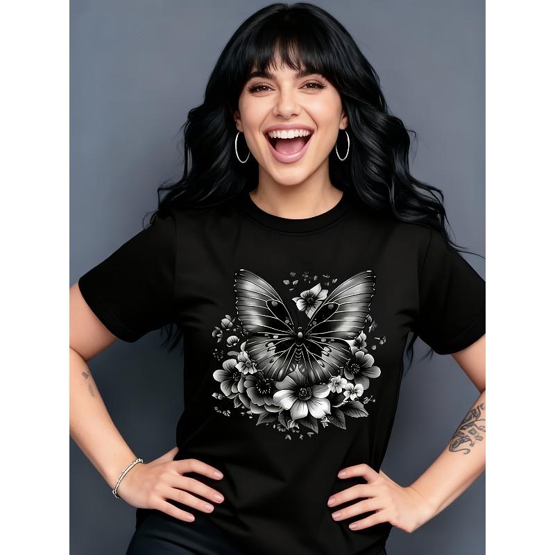 

European Size Womens Floral Butterfly Print T Shirt Vibrant Green White Blue Flower Crew Neck Short Sleeve Glossy Texture Casual Spring Summer Wear 4XL чорний