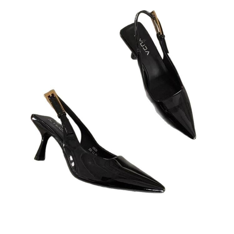 French Patent Leather Baotou Sandals Women's 2025 Summer New Versatile Stiletto Pointed One-word Buckle with Temperament High Heels