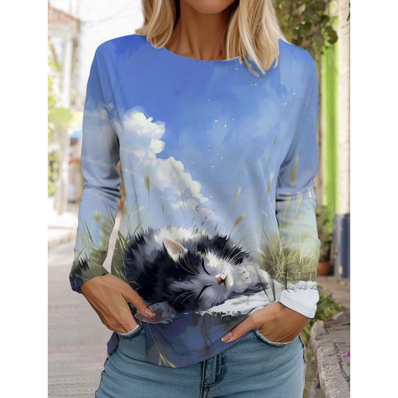 Damtröja Designer Rund Hals Lång Ärm Mode Casual Söt Kattunge Djurmönster Tryck Toppar