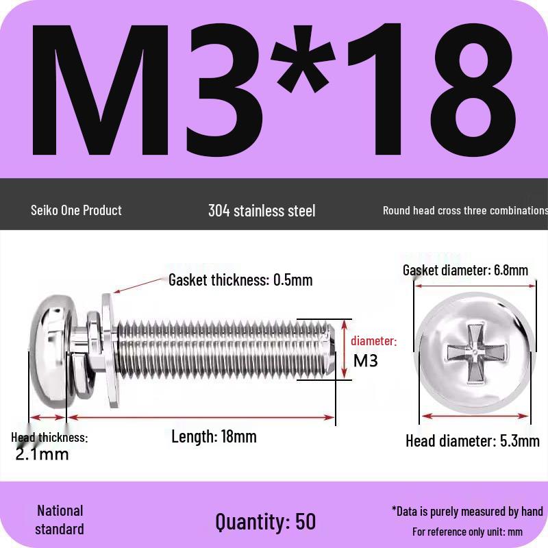 304 Stainless Steel Phillips Round Head Screw with Flat Washer M3/M4/M5/M6