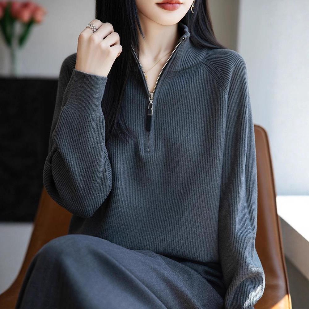 Spring and Autumn New Style Stand Collar Zipper Fashion Knitted Sweater for Women