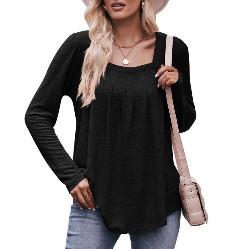 Women's Autumn and Winter New Style Casual Puff Sleeve Square Collar Press-pleated Long-sleeved T-shirt Pullover