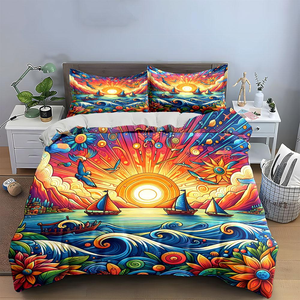 Sunset Ocean Sailing Decor Bedding Set with 1 Duvet Cover 2 Pillowcases Single Double King Queen, Gift