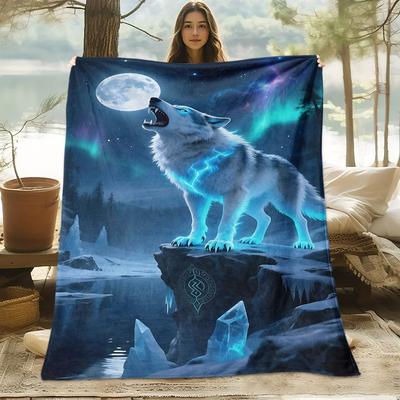 1pc Skin-friendly Wolf Howling At the Moon Under the Night Sky Pattern Digital Print Blanket, Suitable for All Seasons, Sofa Throw, 100% Polyester Fib
