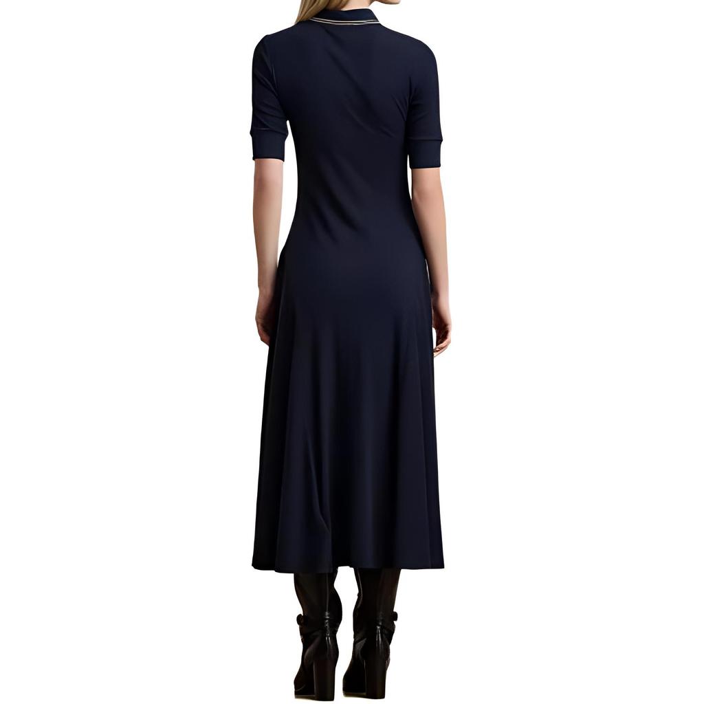 Polo Ralph Lauren Ribbed Embroidered Midi Short Sleeve Dress Women Dresses Navy-Blue 200957638-001