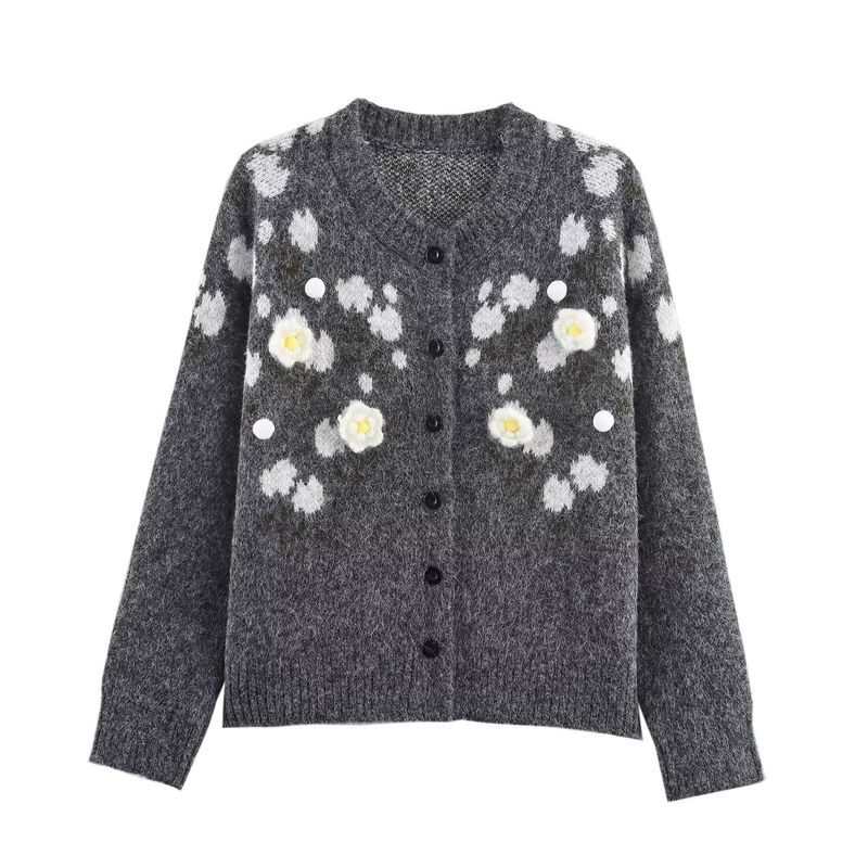 Zbzr Autumn New Women Clothes Western Style Fashion Temperament Simple and Versatile Three-Dimensional Flowers Knit Cardigan Top