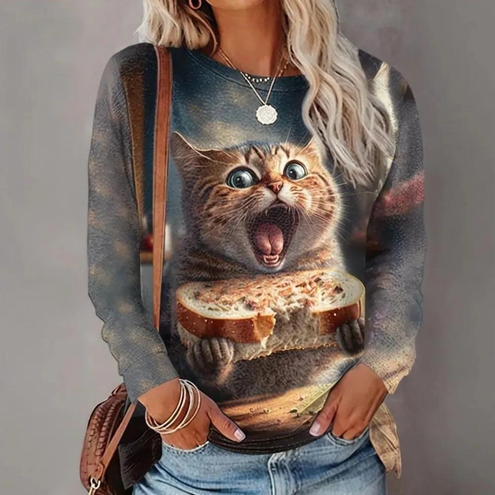 Sommer Damen Tier 3D Druck Rundhals Langarm T-Shirt