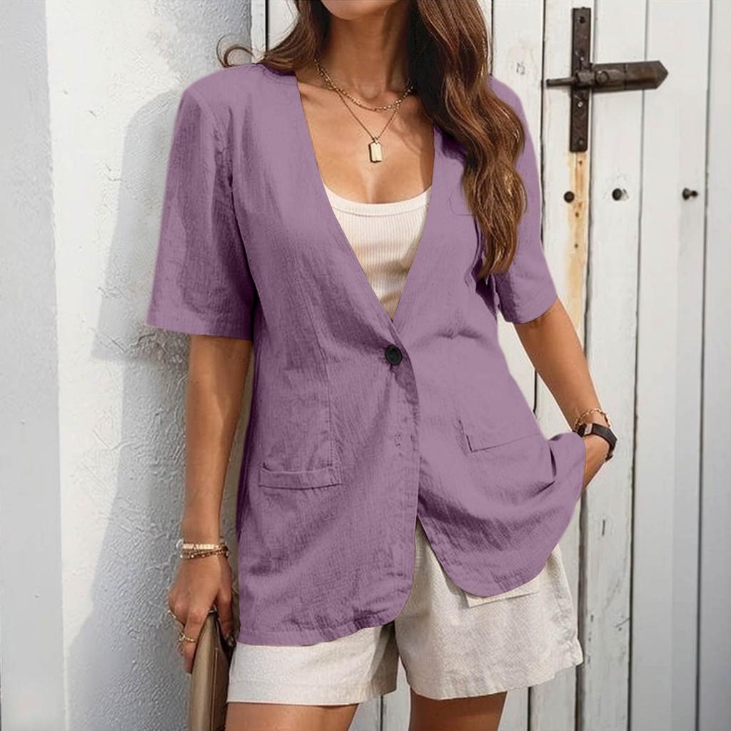 Women's  Work Casual Short Sleeve V-Neck Single Button Solid Color Coat