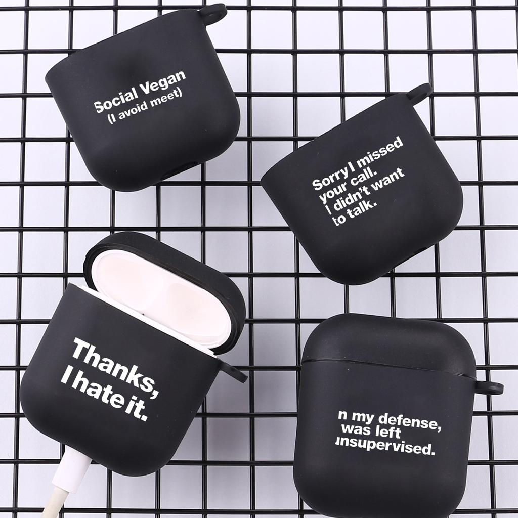 Funny Quotes Black Simple Text Letters With Hook Case For AirPods 2 3 1 Cases For Apple AirPods Pro 2 Coque Black TPU Soft Cover