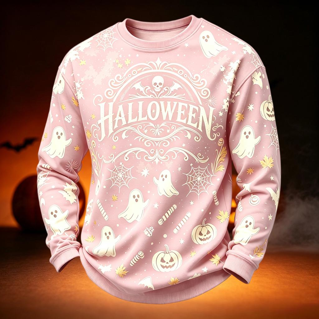 Men's Casual Round Neck Long Sleeve Top with Halloween Print