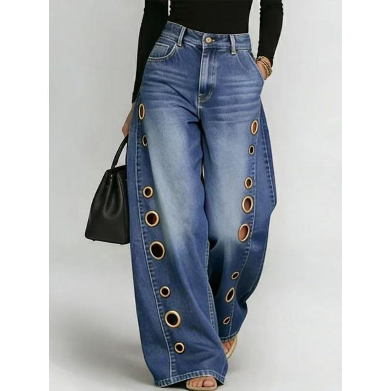 Metal Round Hole Casual Loose High Waist Wide Leg Jeans Women's Washed Cat Beard Ground White Jeans European and American
